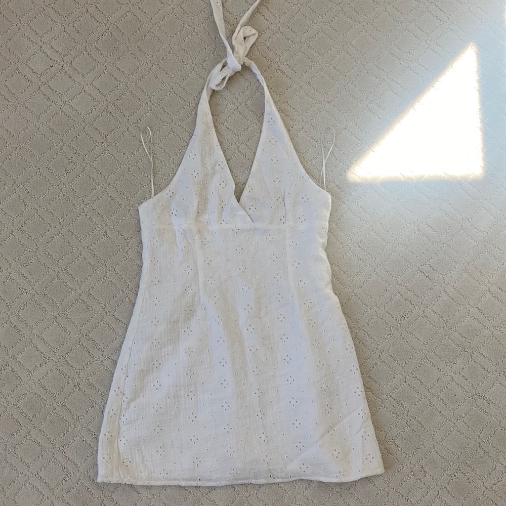 White eyelet halter mini dress